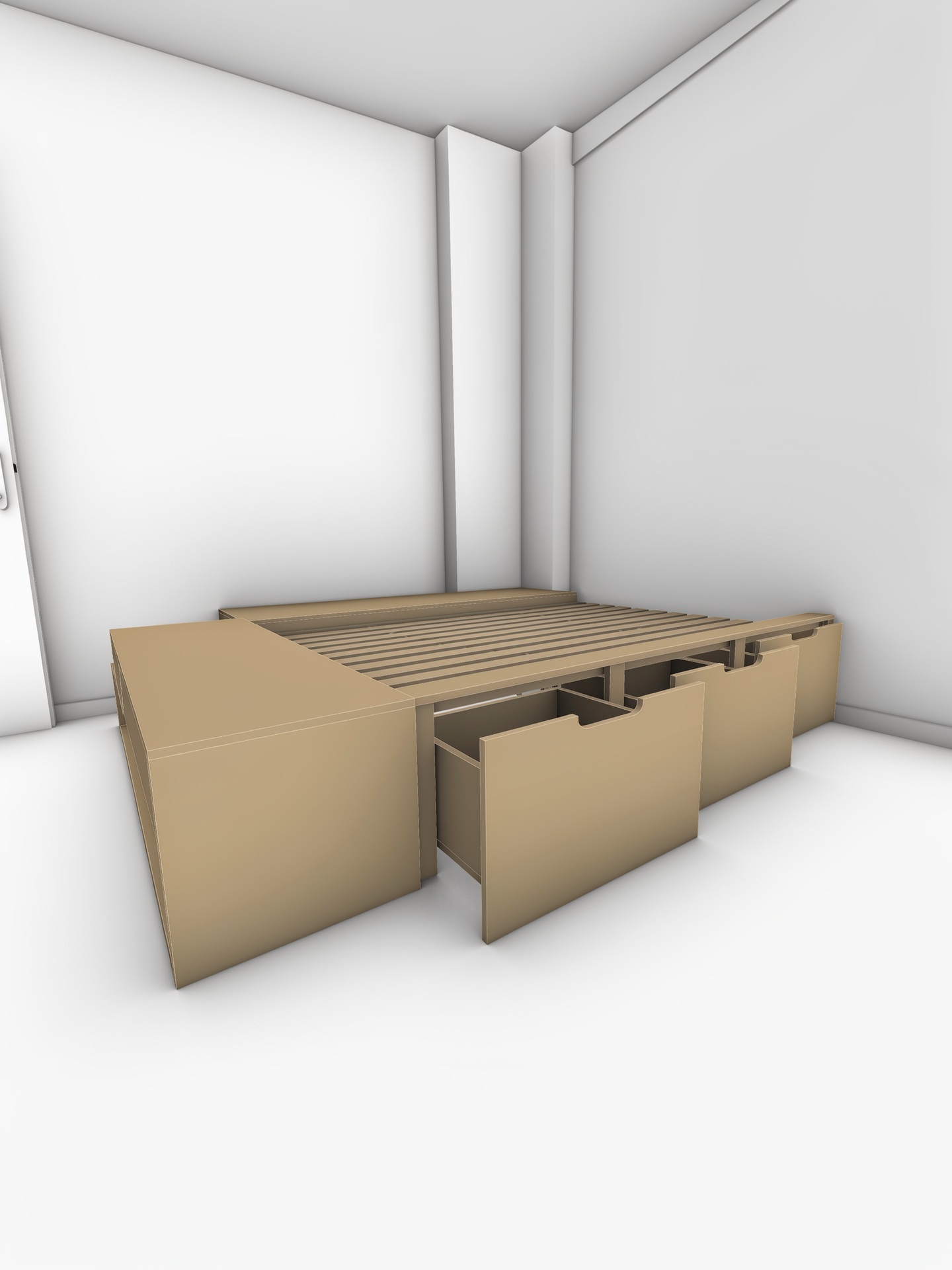 3D-Modellansicht desselben Betts in derselben Perspektive wie das Projektfoto
