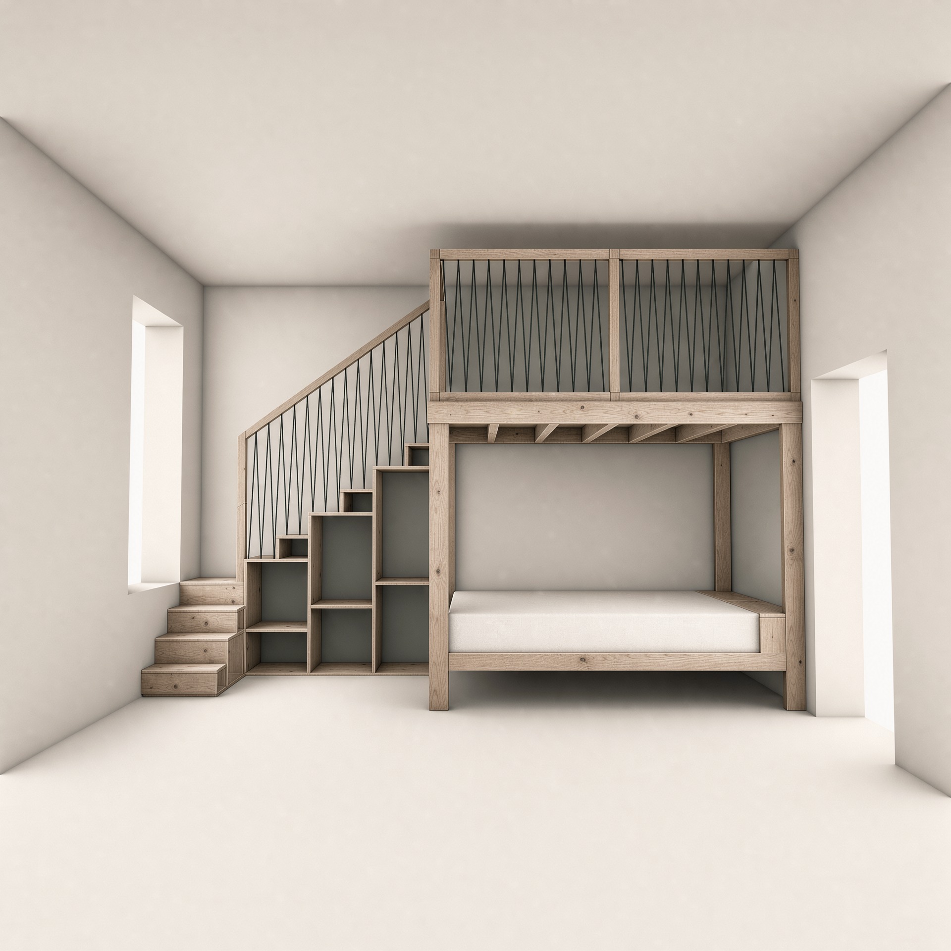 3D-Entwurf eines Hochbetts mit Treppe und Regalfächern links sowie einer zweiten Liegefläche darunter